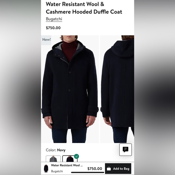 Bugatchi Water Resistant Wool & Cashmere Hooded Duffle Coat - Picture 1 of 8